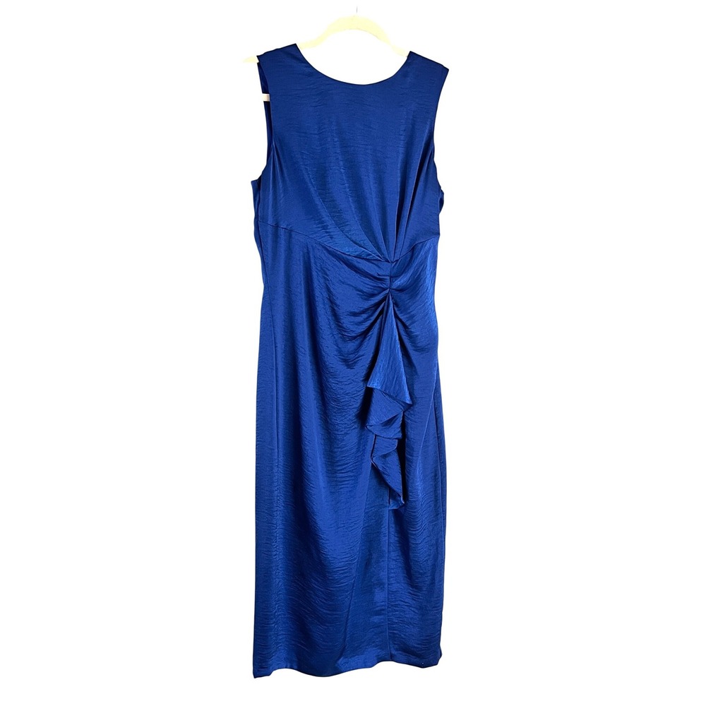 Vince Camuto Sheath Dress 10 Womens Twist Ruffle Midi Royal Blue Cocktail Party